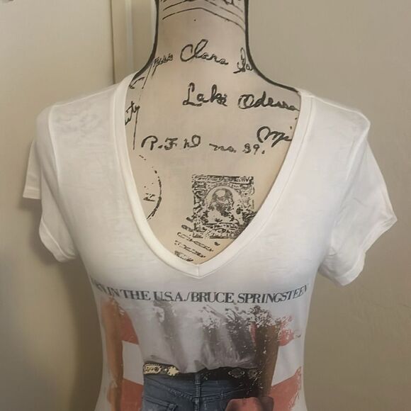 Bruce Springsteen White V-Neck Born In The USA Graphic Semi Sheer Shirt - Picture 4 of 11